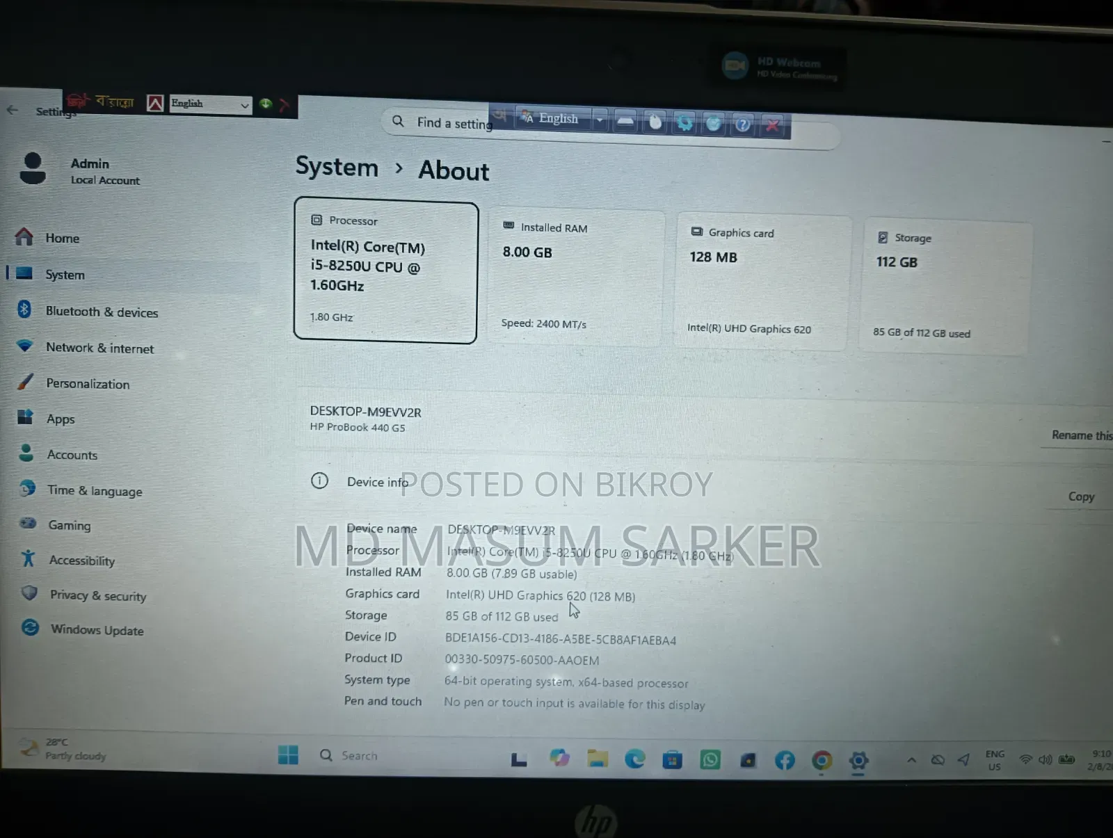Laptop HP ProBook 440 G5 8GB Intel Core I5 SSD 128GB