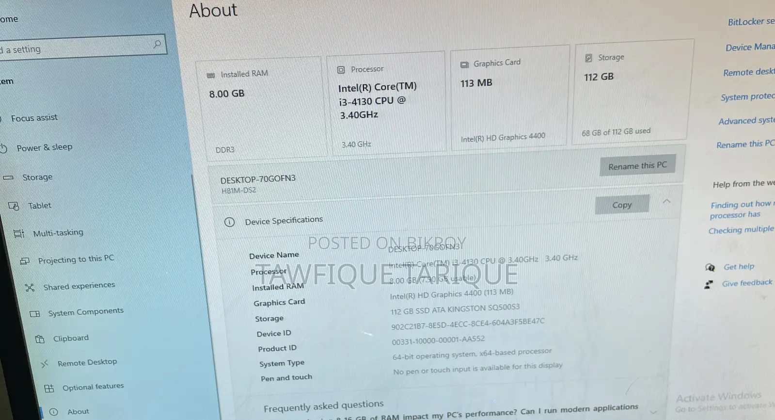 Desktop Computer 8GB RAM Intel Core i3 140GB SSD