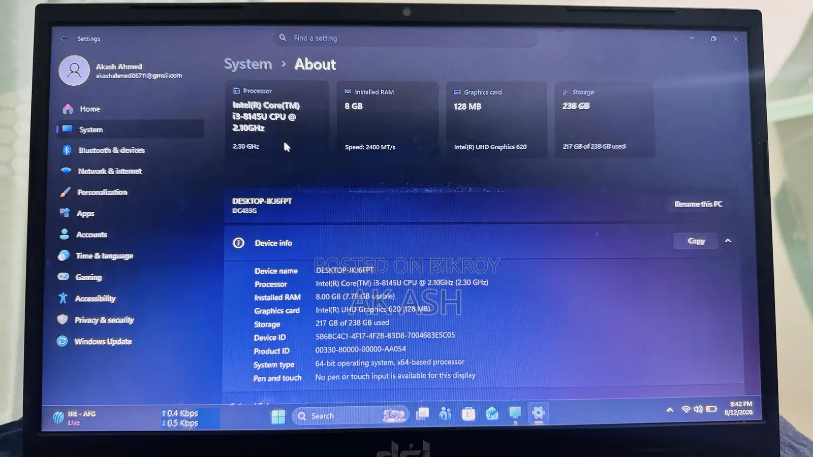 Laptop 8GB Intel Core I3 SSD 256GB