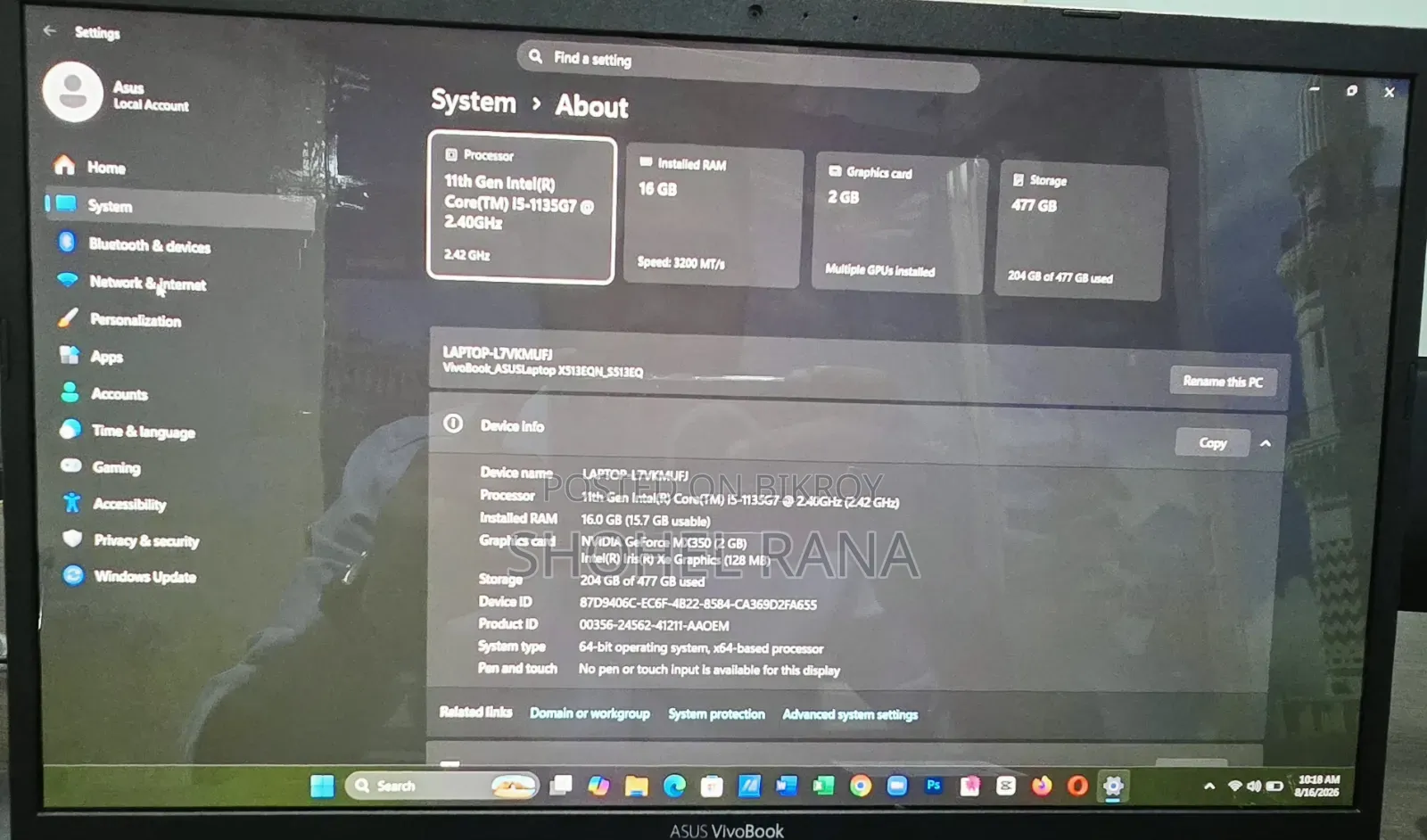 Laptop ASUS Vivobook 15 16GB Intel Core I5 SSD 256GB