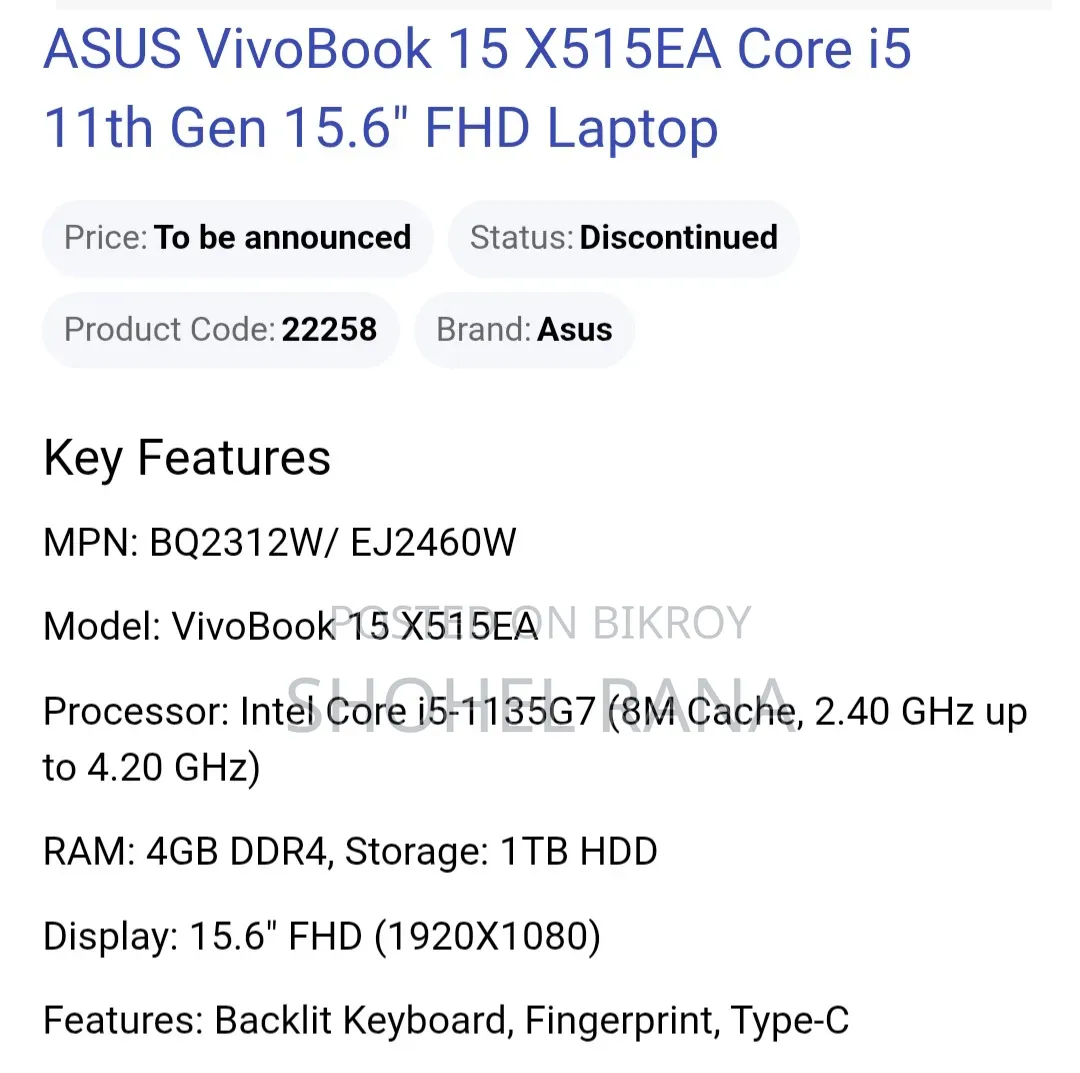 Laptop ASUS Vivobook 15 16GB Intel Core I5 SSD 256GB