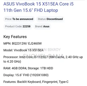 Laptop ASUS Vivobook 15 16GB Intel Core I5 SSD 256GB