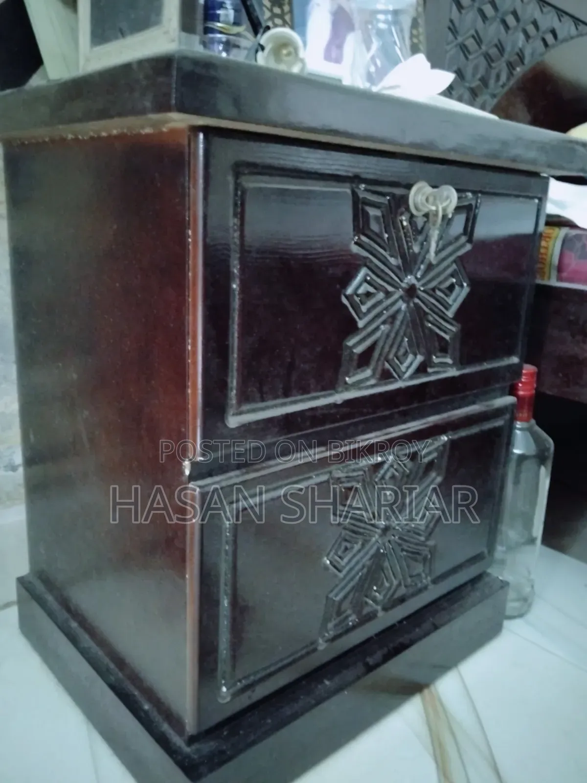 Malaysian MDF Processed Wood Queen Size Bed With Side Table.