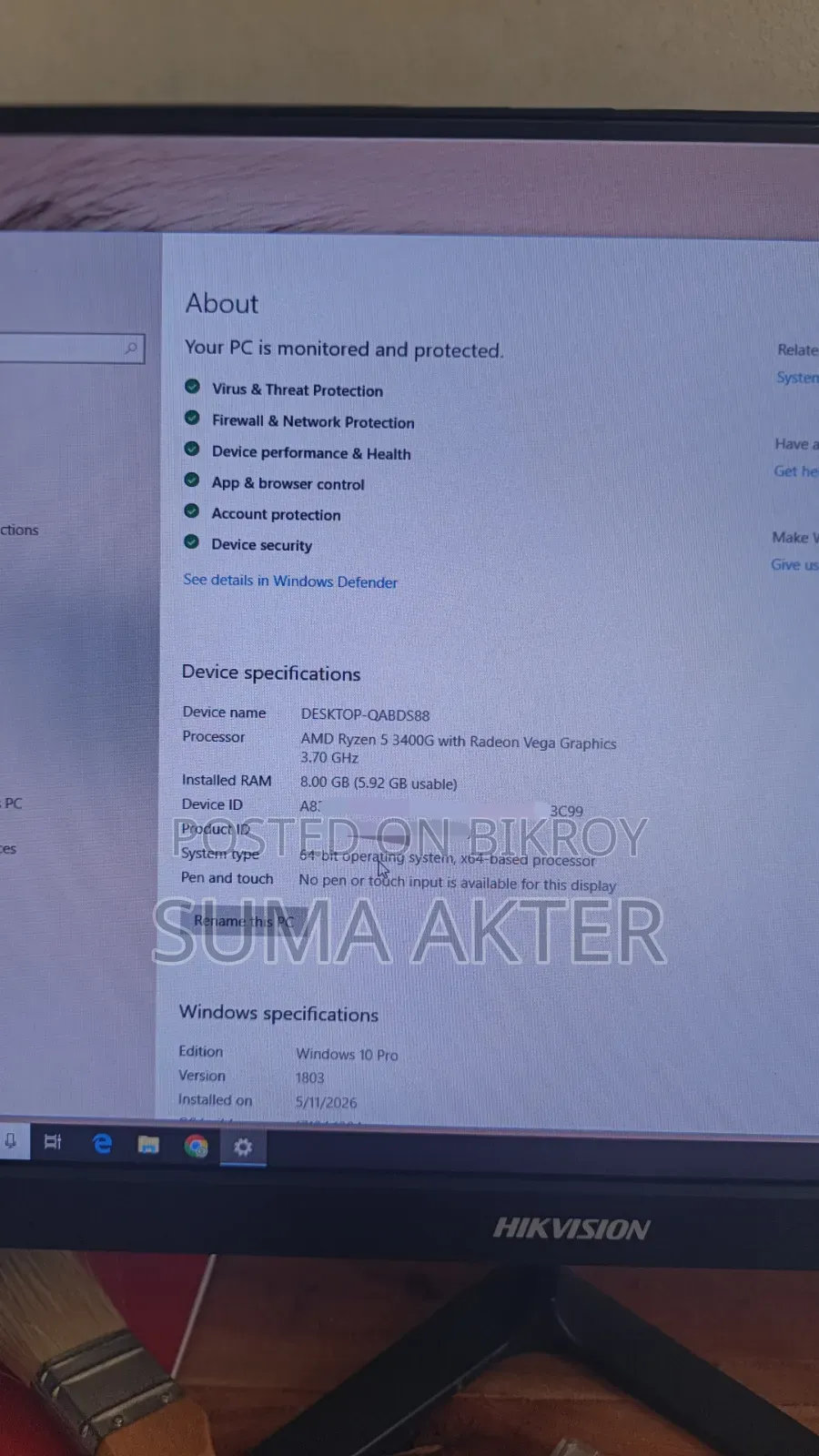Desktop Computer MSI model 8GB AMD Ryzen 5 SSD 256GB