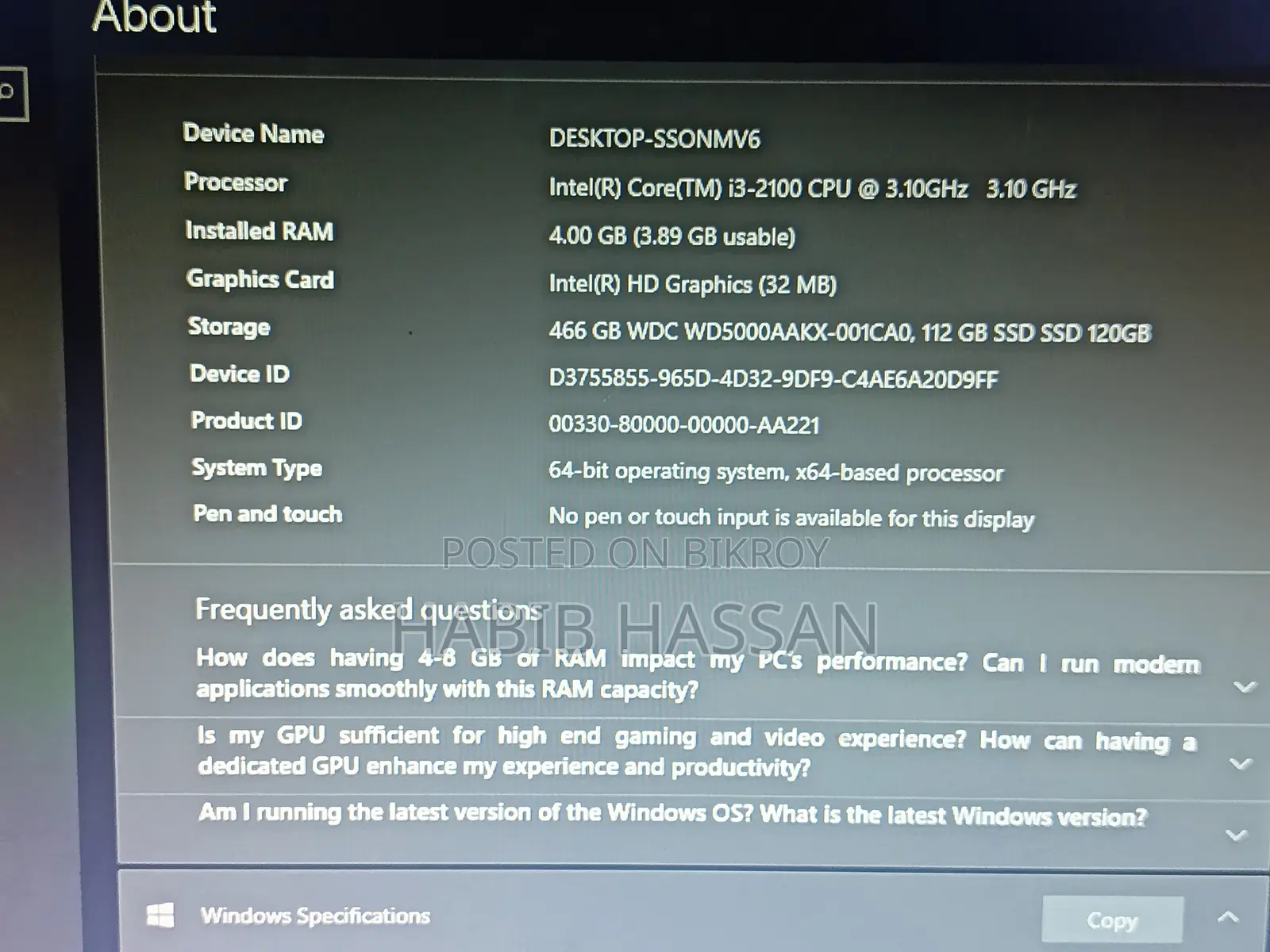Desktop Computer Gigabyte 4GB RAM Intel Core i3 SSD 128GB