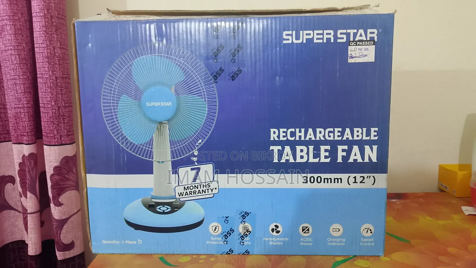 সুপার স্টার রিচার্জেবল টেবিল ফ্যান ১২ ইঞ্চি