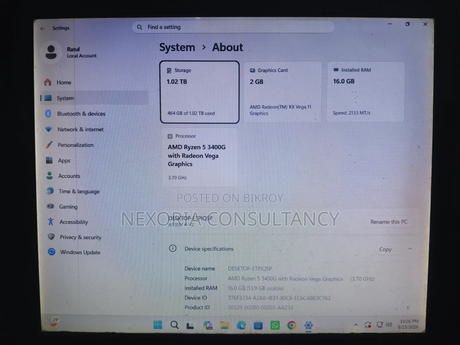 Desktop Computer Gigabyte 16GB AMD Ryzen 5 SSHD+SSD 1T