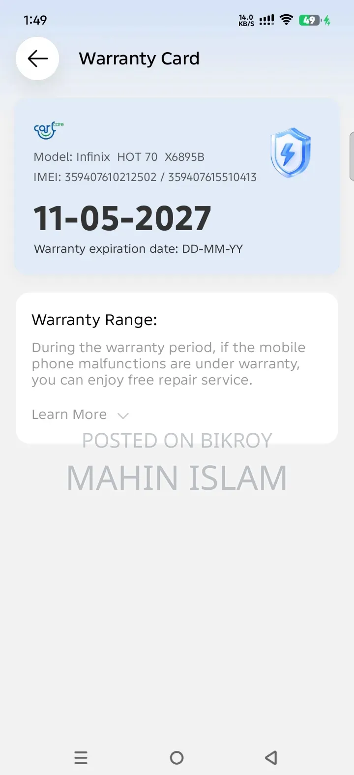 New Infinix Hot 70 128 GB Gray