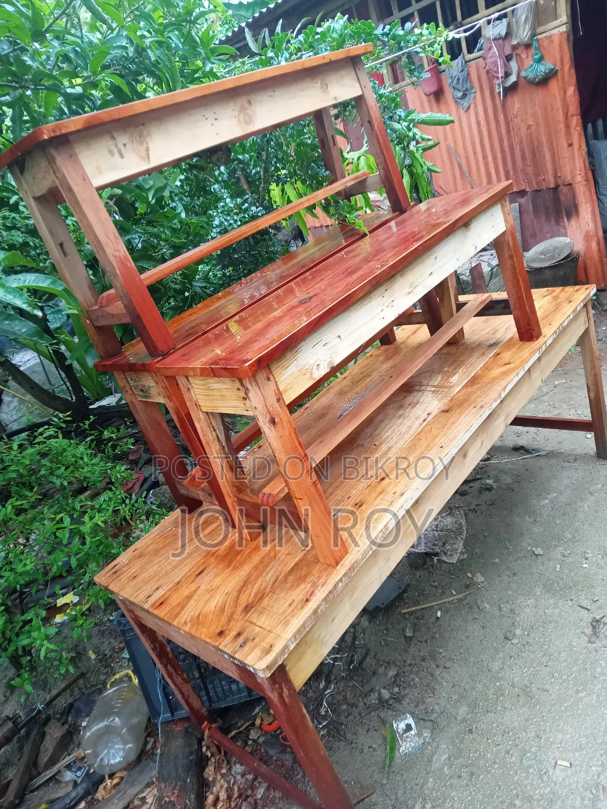 One Wooden Table and Three Wooden Stools for Sale