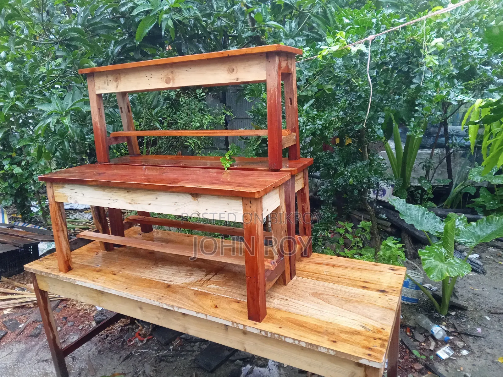 One Wooden Table and Three Wooden Stools for Sale