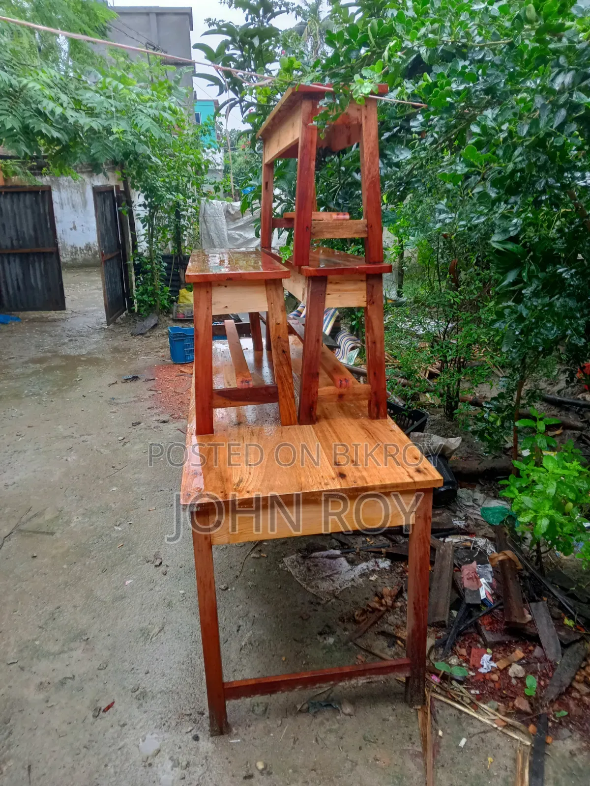 One Wooden Table and Three Wooden Stools for Sale