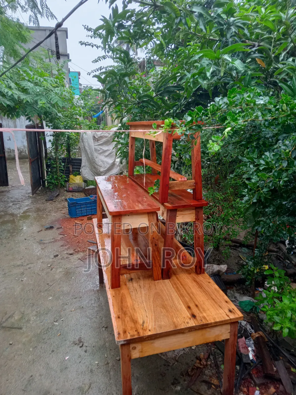 One Wooden Table and Three Wooden Stools for Sale