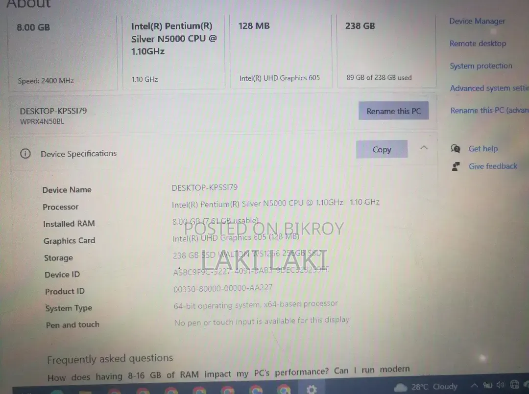 Laptop 8GB Intel Pentium SSD 256GB