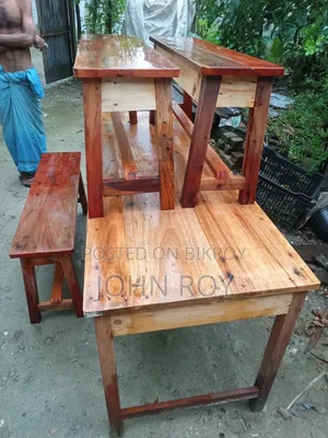 One Wooden Table and Three Wooden Stools for Sale