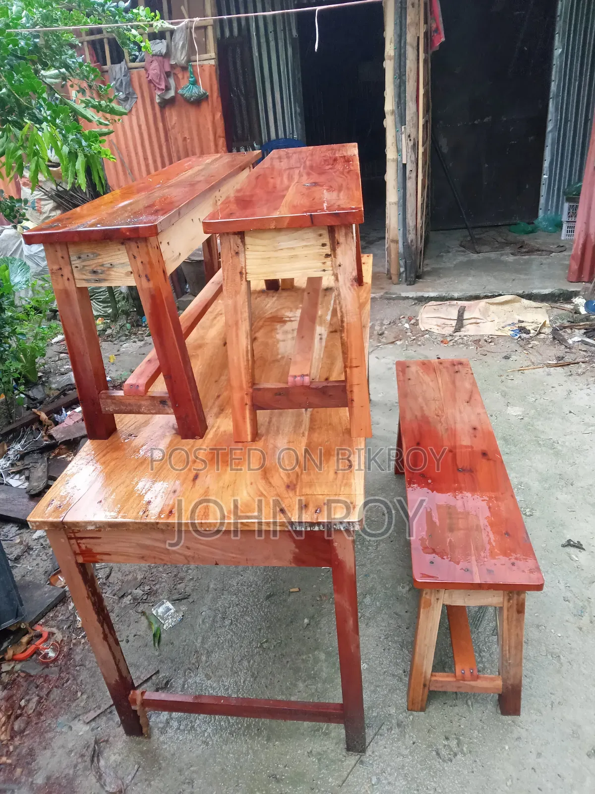 One Wooden Table and Three Wooden Stools for Sale