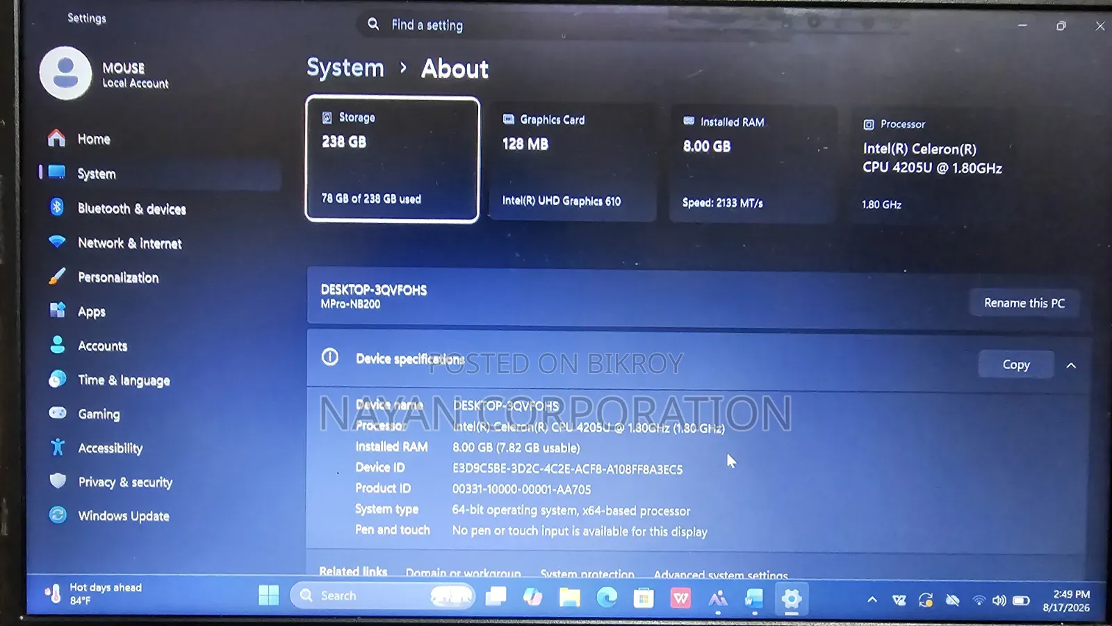 Laptop 8GB Intel Celeron SSD 256GB