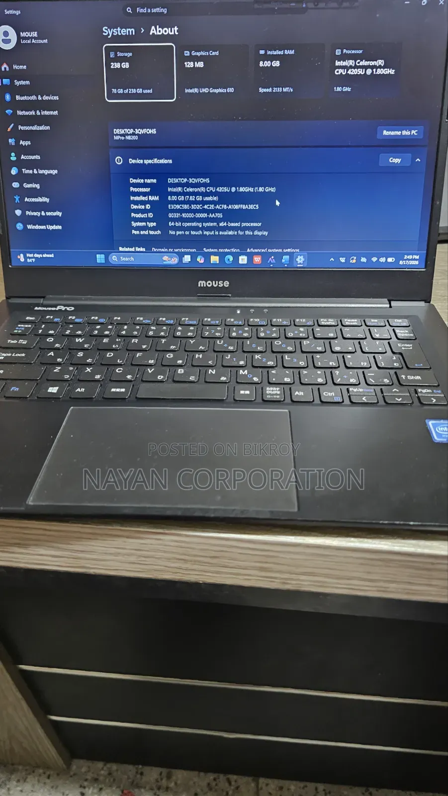 Laptop 8GB Intel Celeron SSD 256GB