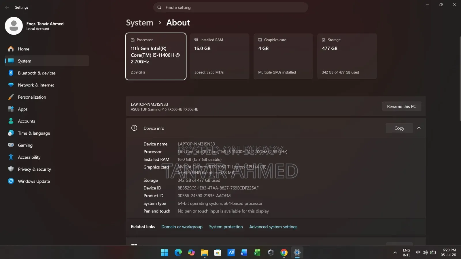 Laptop Asus TUF Gaming F15 16GB RAM Intel Core i5 512GB SSD