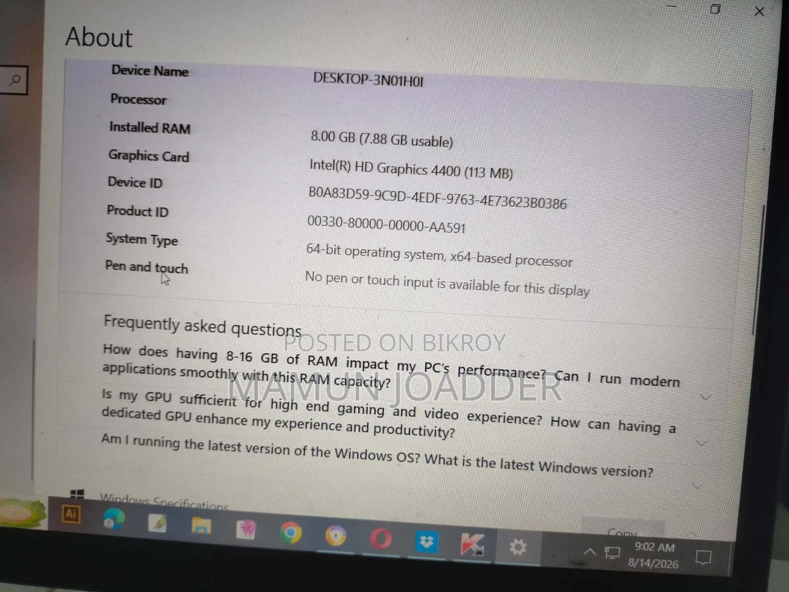 Desktop Computer 8GB Intel Core i5 SSD 256GB