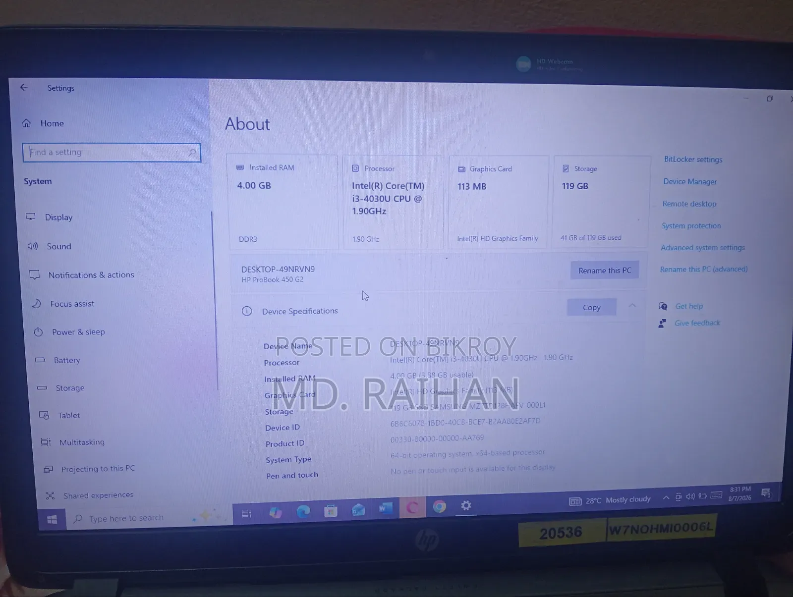 Laptop HP 14s 4gb Intel Core I3 HDD 160gb