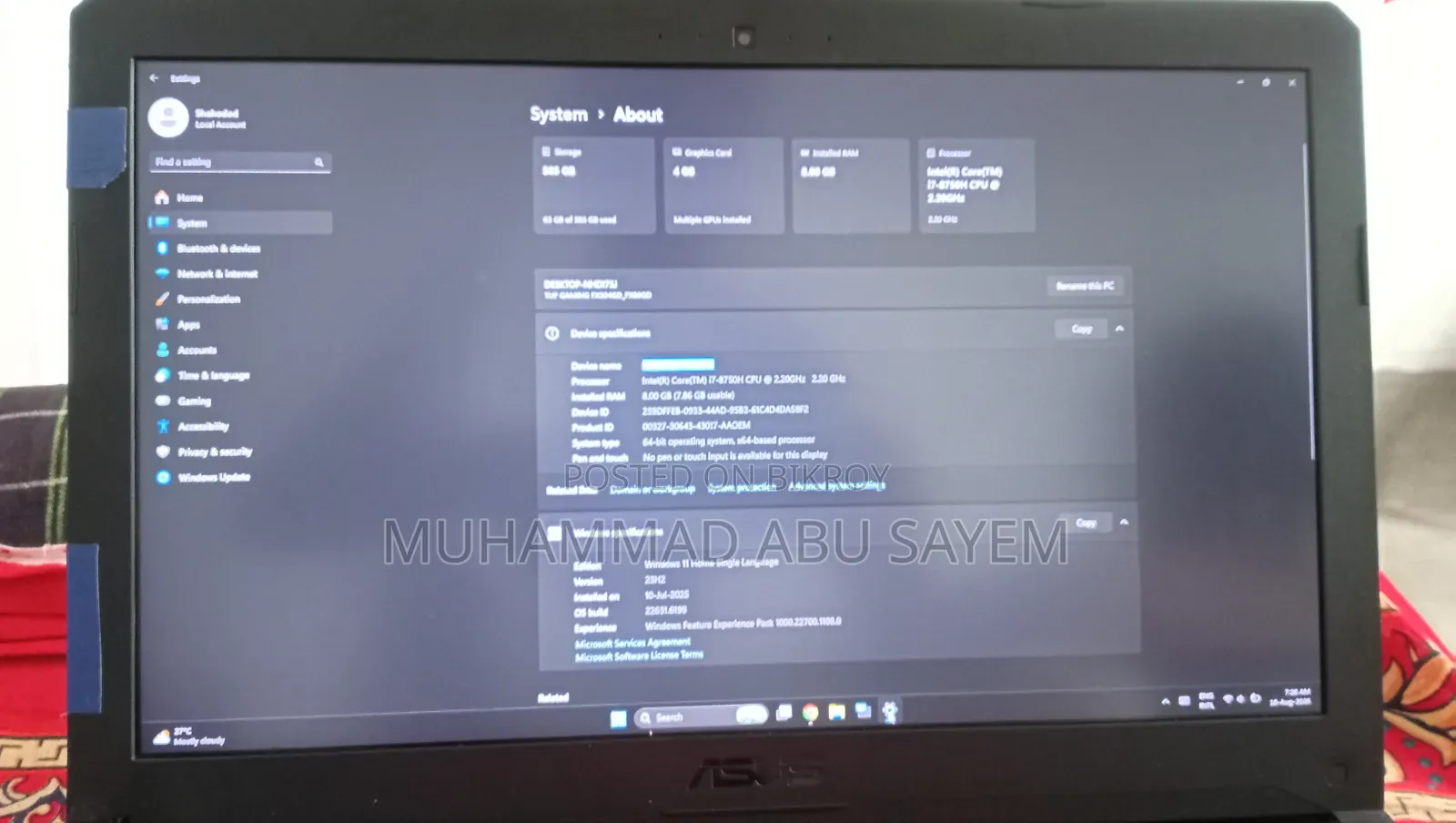 Laptop Asus TUF Gaming FX504 8GB Intel Core i7 HDD+SSD 1TB