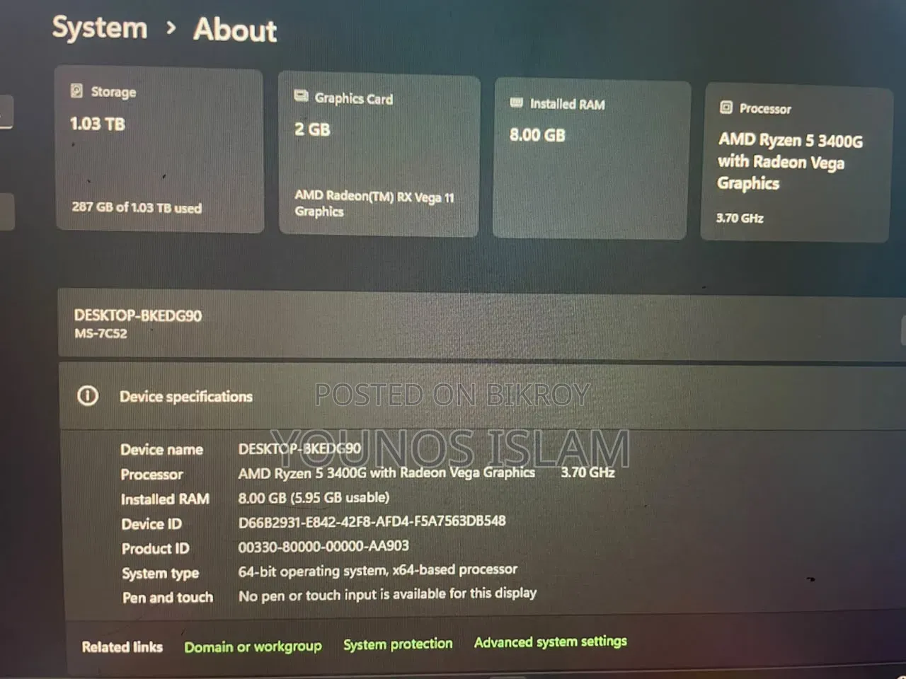 Desktop Computer MSI Model 8GB AMD Ryzen 5 HDD+SSD 1T