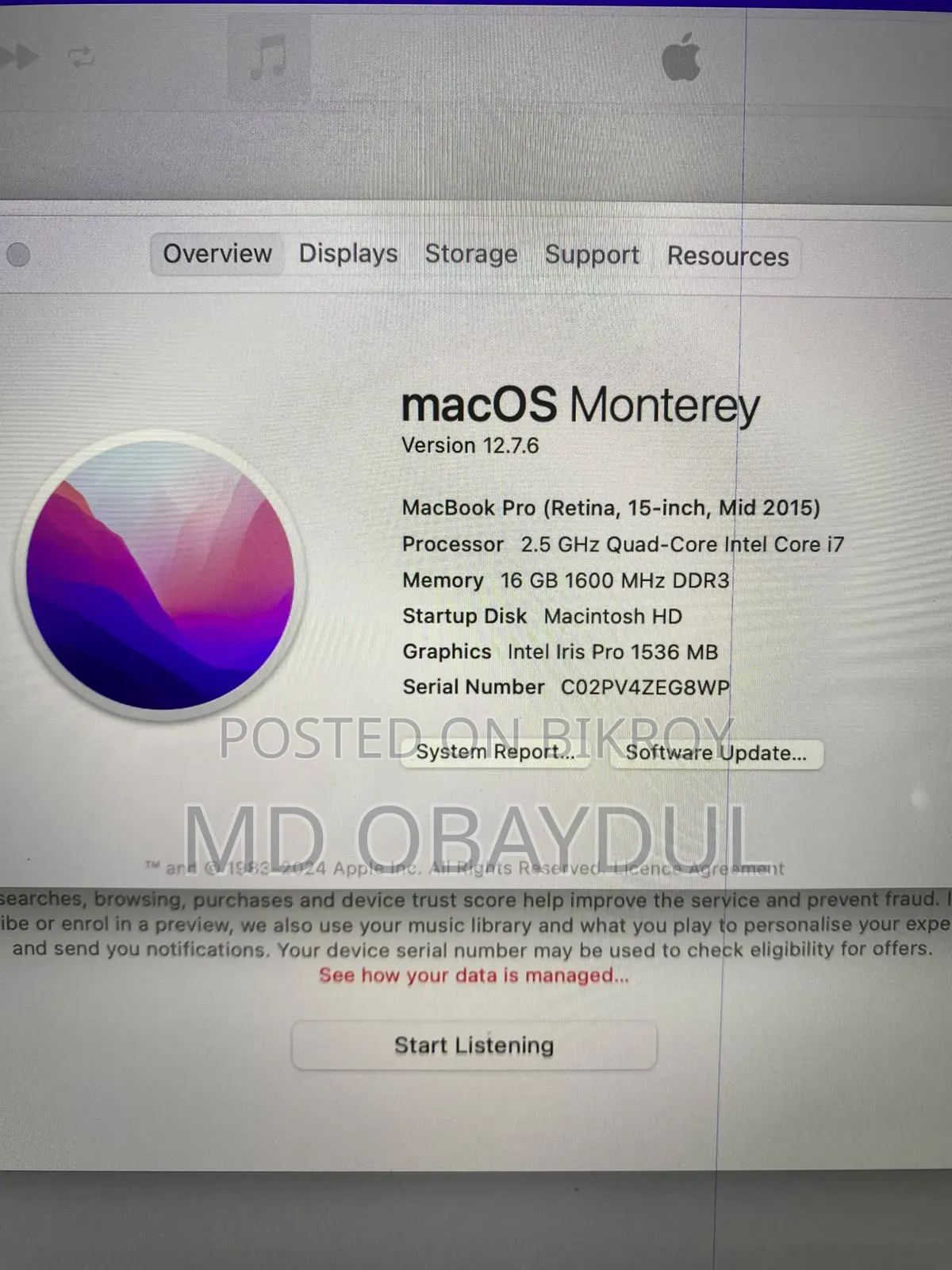 Laptop Apple MacBook Pro 2015 16GB Intel Core i7 SSD 500GB