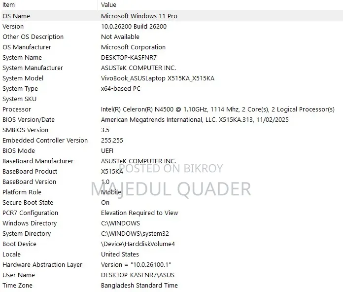 Laptop Asus Vivobook 15 4GB Intel Celeron SSD 128GB