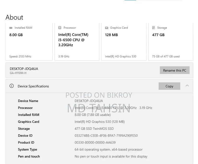 Desktop Computer Acer 8GB Intel Core i5 SSD 512GB