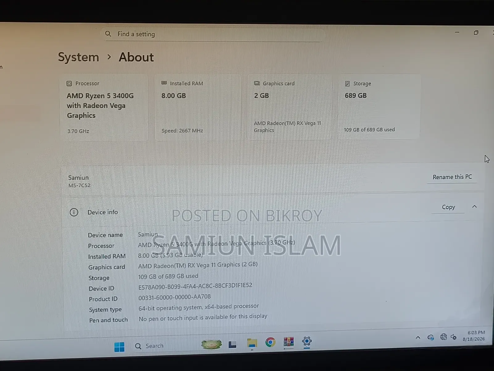 Desktop Computer MSI Model 8GB AMD Ryzen 5 SSD 250GB