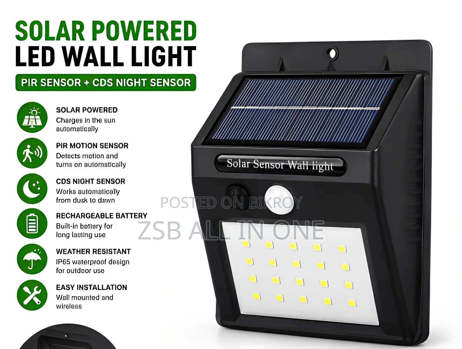 Solar Powered LED Wall Light With PIR Motion Light Sensor