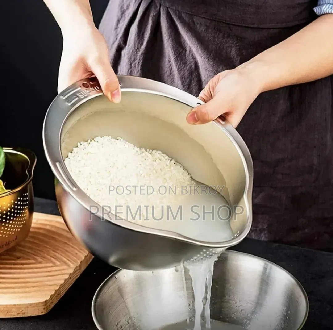 Stainless Steel Rice Washing Bowl Strainer Basket With Side Drainer