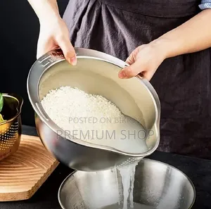 Stainless Steel Rice Washing Bowl Strainer Basket With Side Drainer