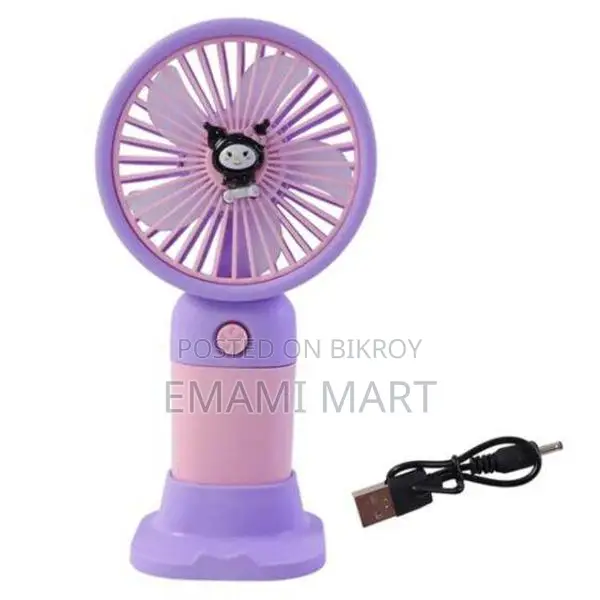 Mini Handheld Fan with Stable Stand, USB Rechargeable, Cute Kuromi Des