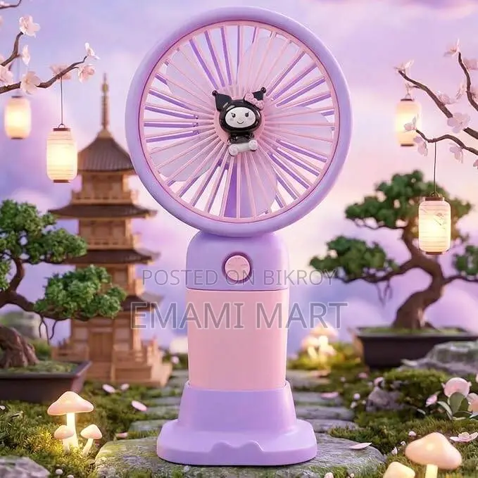 Mini Handheld Fan with Stable Stand, USB Rechargeable, Cute Kuromi Des