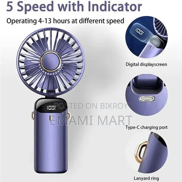 Portable Personal Fan – 5000mAh Rechargeable Battery, 5 Speed Settings