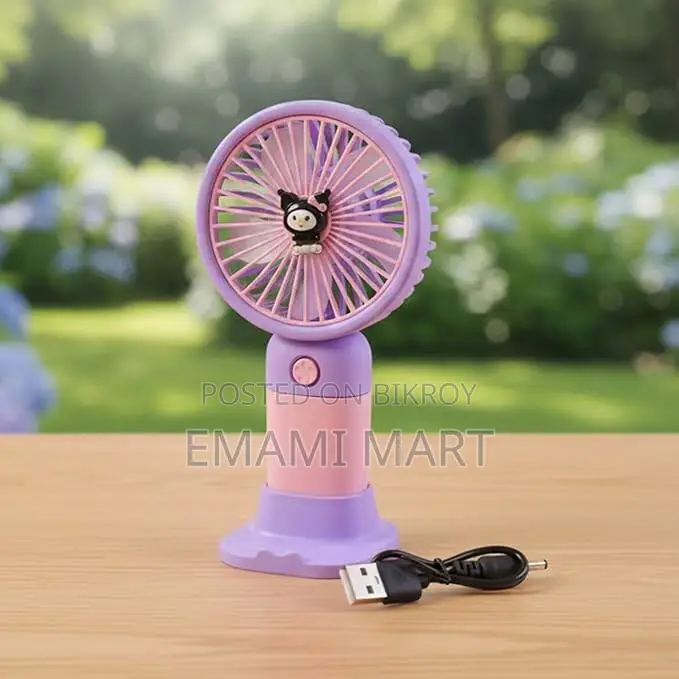 Mini Handheld Fan with Stable Stand, USB Rechargeable, Cute Kuromi Des