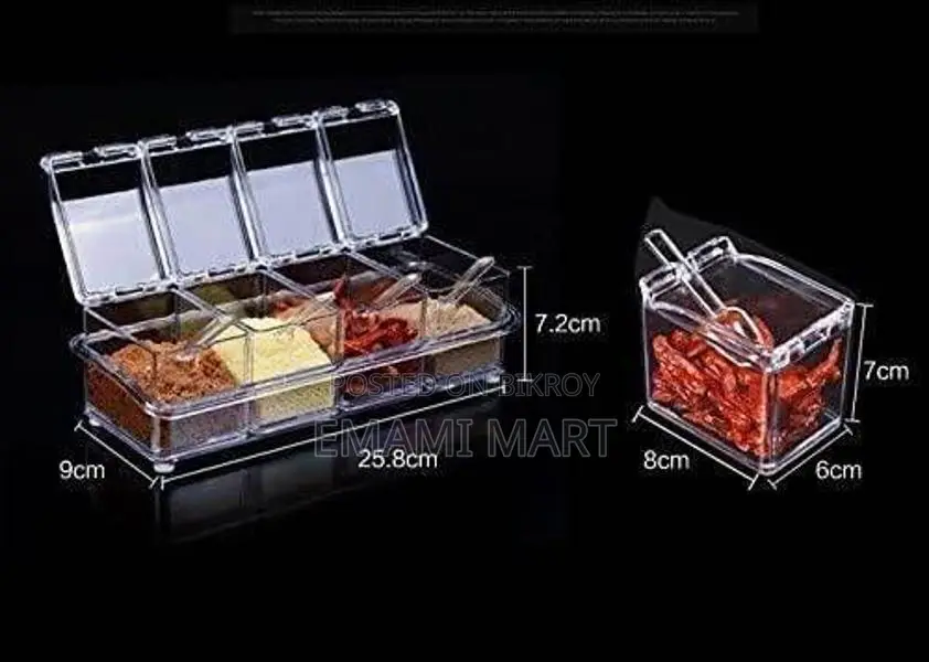 4 Cells Transparent Spice Jar Set With Spoon And Lid Salt And Pepper S