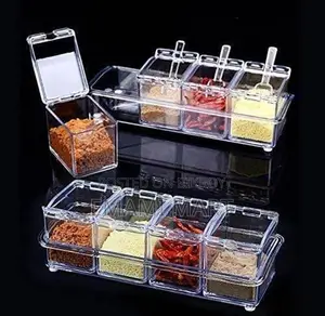4 Cells Transparent Spice Jar Set With Spoon And Lid Salt And Pepper S