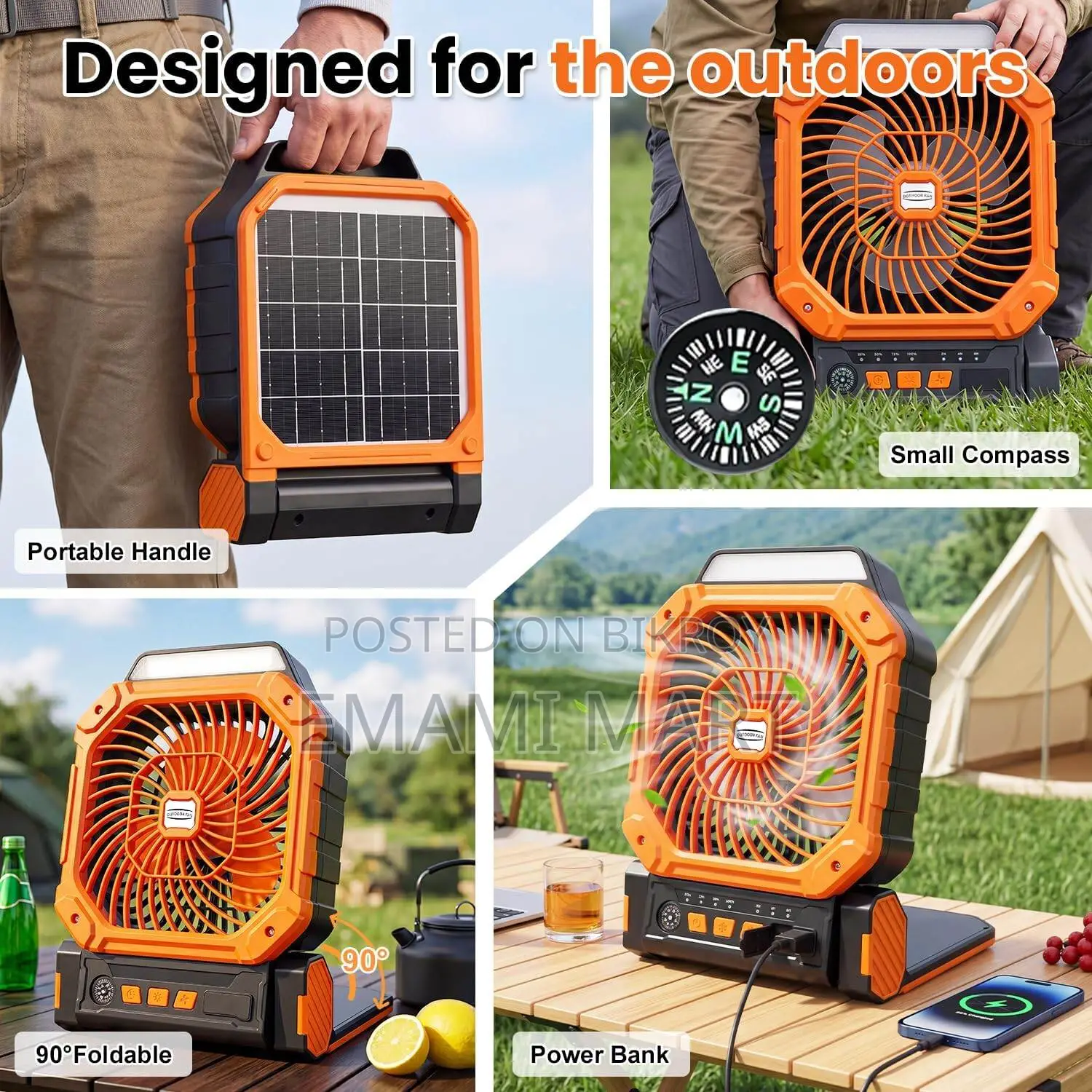 Portable Solar & Battery Powered Fan, 4-IN-1 Camping Fan