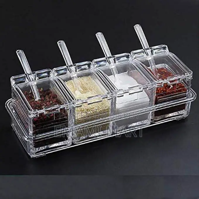 4 Cells Transparent Spice Jar Set With Spoon And Lid Salt And Pepper S