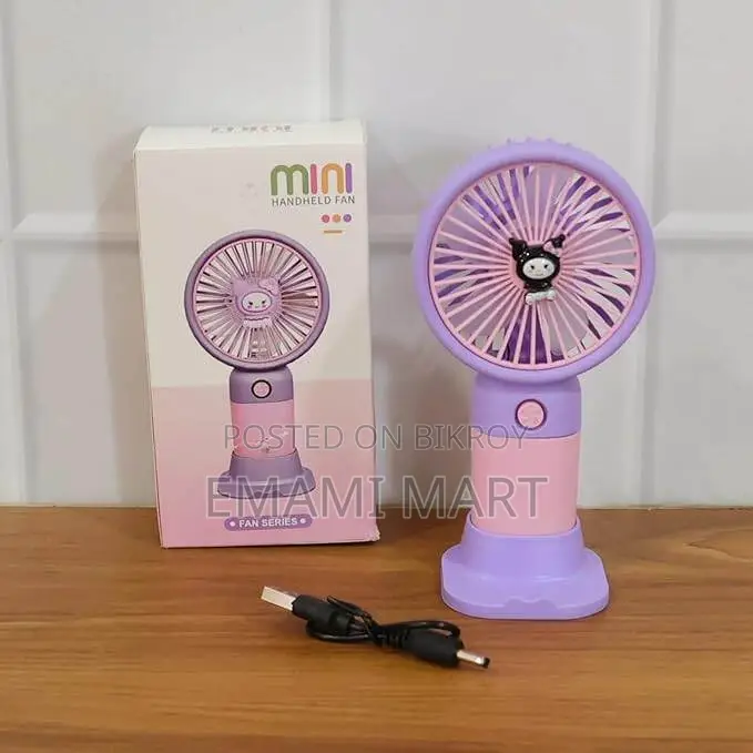 Mini Handheld Fan with Stable Stand, USB Rechargeable, Cute Kuromi Des