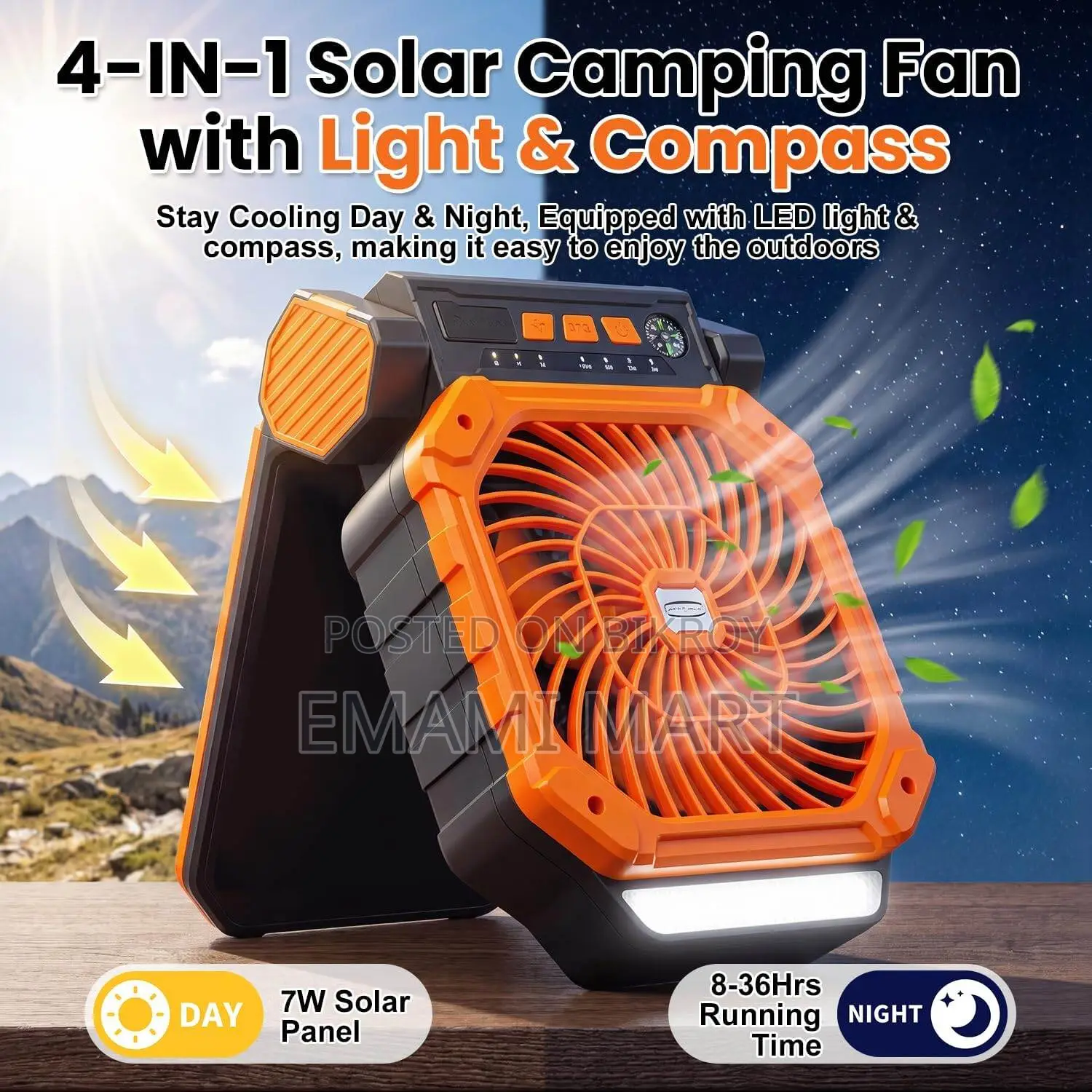 Portable Solar & Battery Powered Fan, 4-IN-1 Camping Fan
