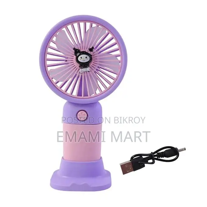Mini Handheld Fan with Stable Stand, USB Rechargeable, Cute Kuromi Des