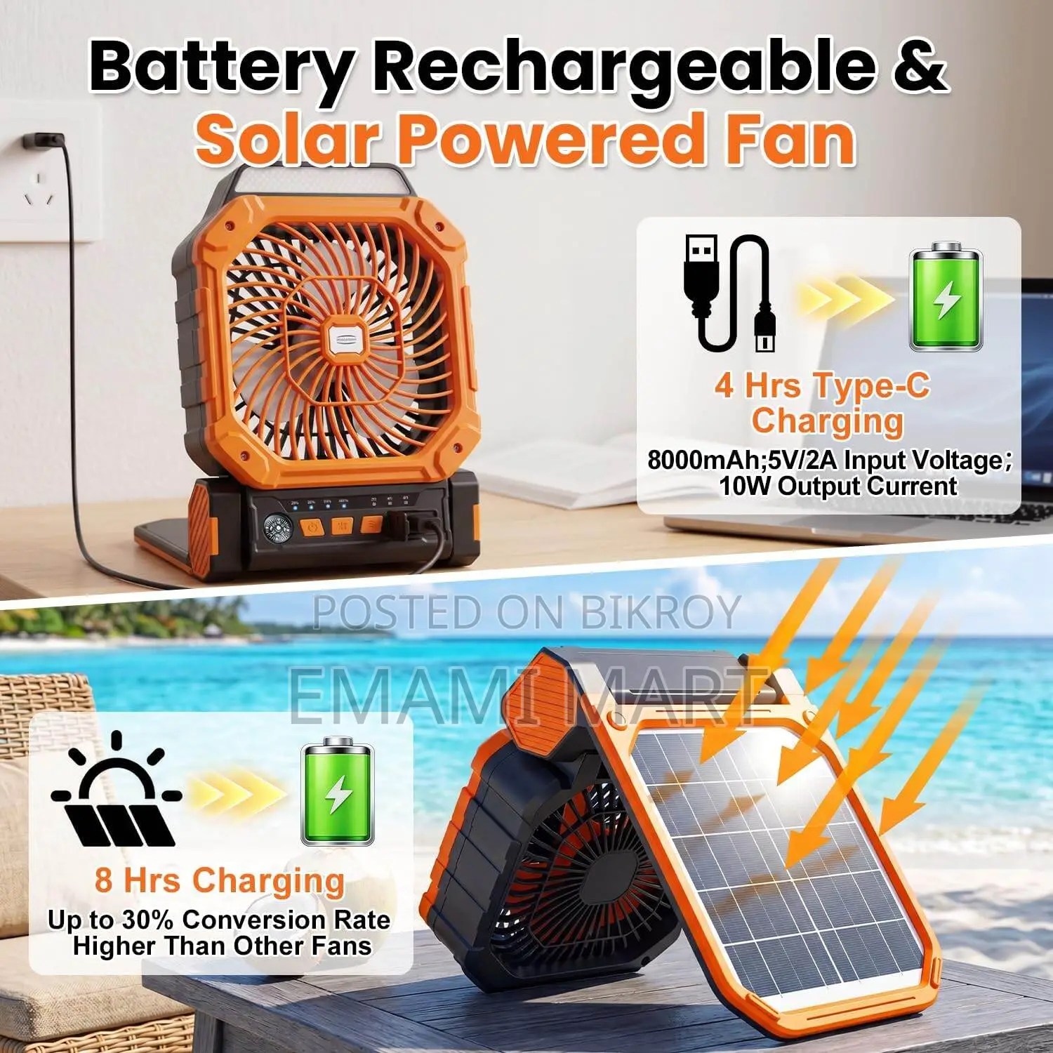 Portable Solar & Battery Powered Fan, 4-IN-1 Camping Fan