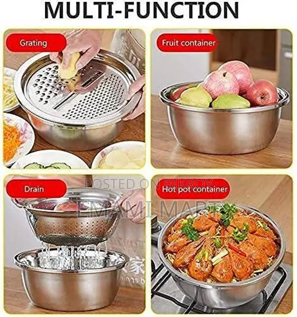 Stainless Steel 3 in 1 Kitchen Multipurpose Kitchen Bowl,Drain Basket