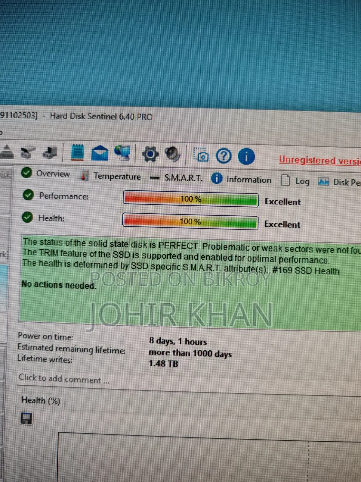 WD 1TB SSD 8 Days 100% Health
