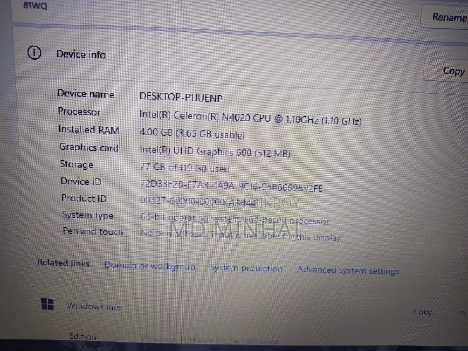 Laptop Lenovo Ideapad 3 4GB Intel Celeron SSD 128GB