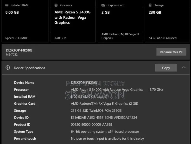 Desktop Computer 8GB AMD Ryzen SSD 256GB