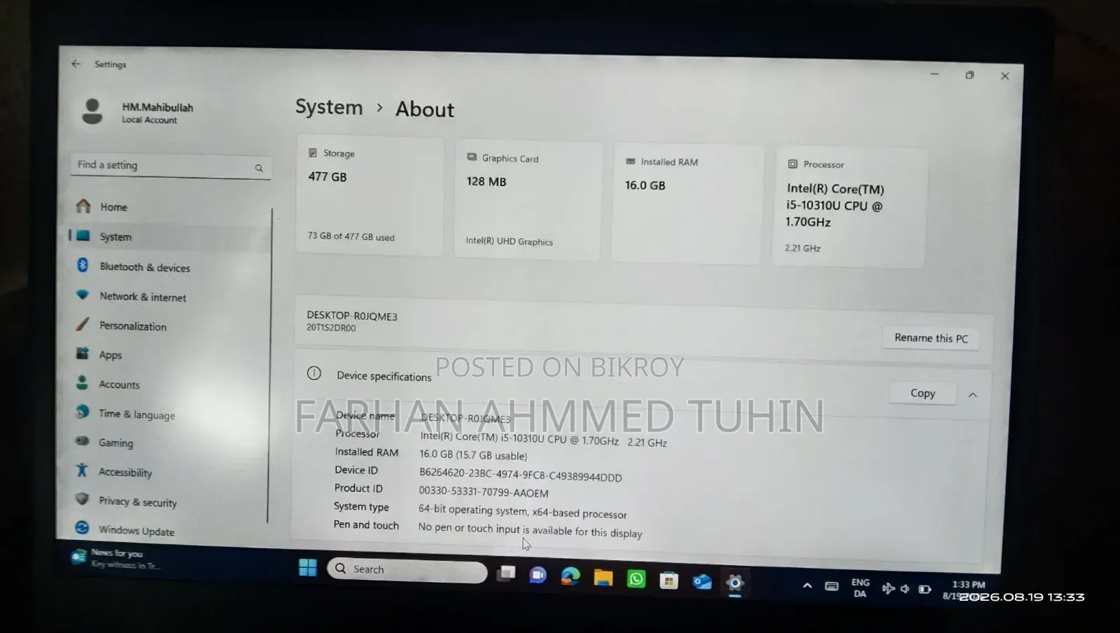 Laptop Lenovo ThinkPad T490s 16GB Intel Core i5 SSD 128GB